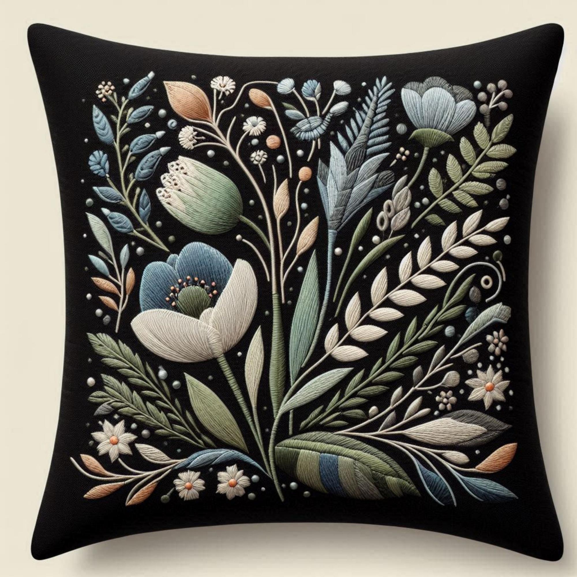 Cuscino ricamato con pattern botanico